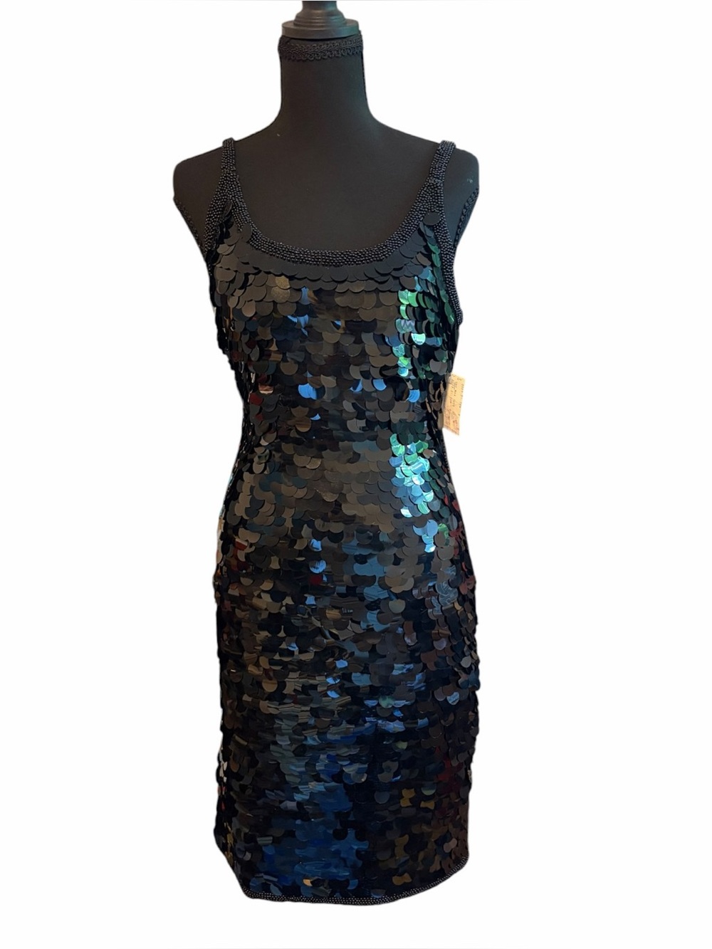 Sho Max Originals 90s Vtg Black Paillette Sequin Beaded Bodycon Dress Sz M